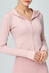 LC264629-P1010-S, LC264629-P1010-M, LC264629-P1010-L, LC264629-P1010-XL, Light Pink Long Sleeve Zipper Solid Yoga Coat