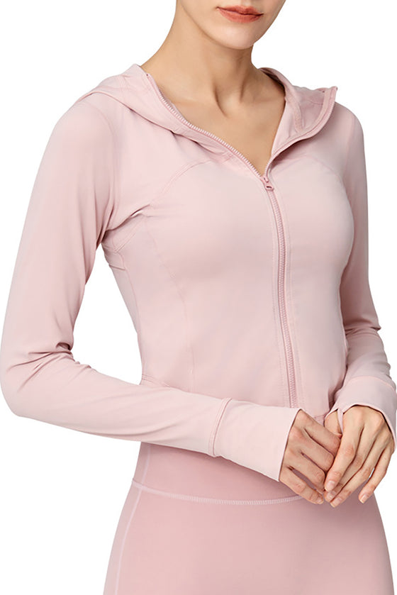 LC264629-P1010-S, LC264629-P1010-M, LC264629-P1010-L, LC264629-P1010-XL, Light Pink Long Sleeve Zipper Solid Yoga Coat