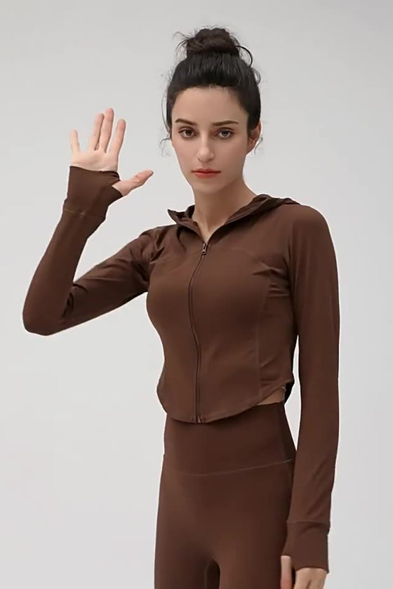 LC264629-P1017-S, LC264629-P1017-M, LC264629-P1017-L, LC264629-P1017-XL, Coffee Long Sleeve Zipper Solid Yoga Coat