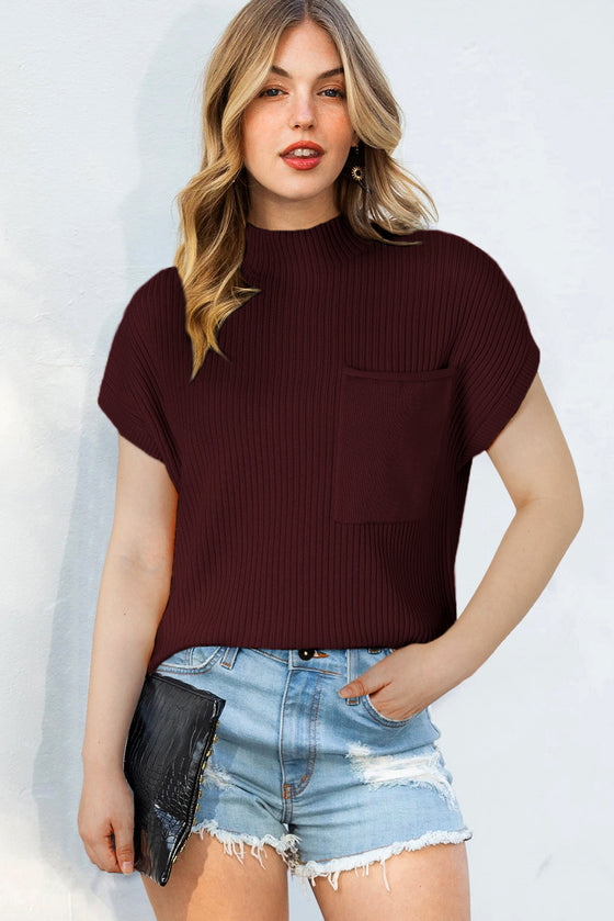 PACK2724250-P303-1, Mineral Red Patch Pocket Ribbed Knit Short Sleeve Sweater
