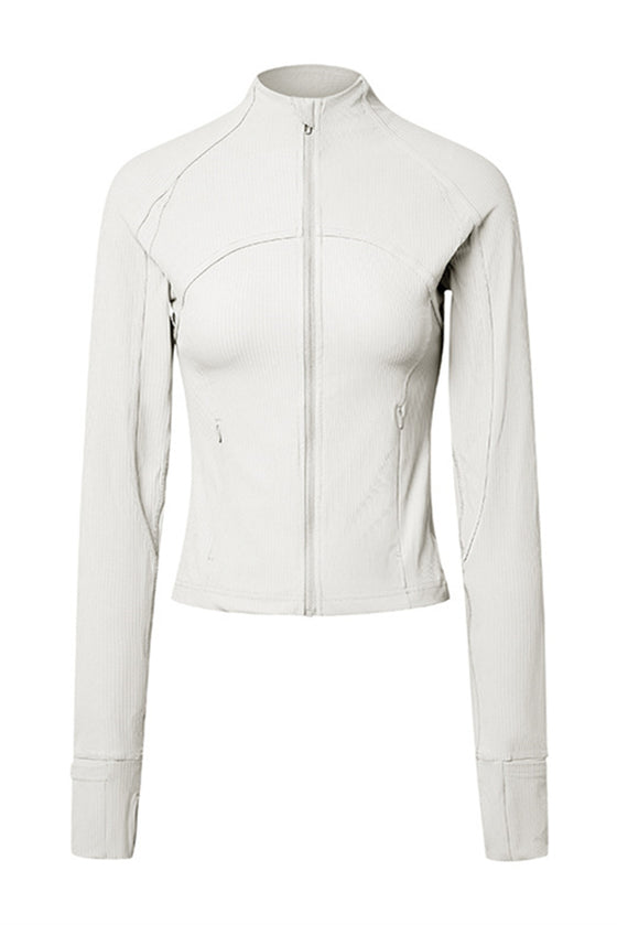 PACK264633-P1-1, White Ribbed Stitching Thumbhole Sleeve Zip Up Active Top