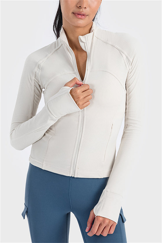 PACK264633-P1-1, White Ribbed Stitching Thumbhole Sleeve Zip Up Active Top