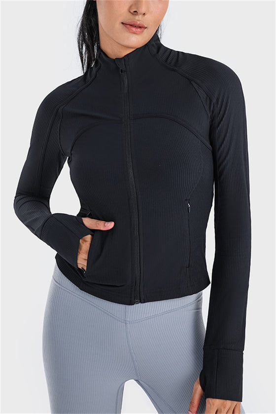 PACK264633-P2-1, Black Ribbed Stitching Thumbhole Sleeve Zip Up Active Top