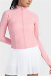 PACK264633-P10-1, Pink Ribbed Stitching Thumbhole Sleeve Zip Up Active Top