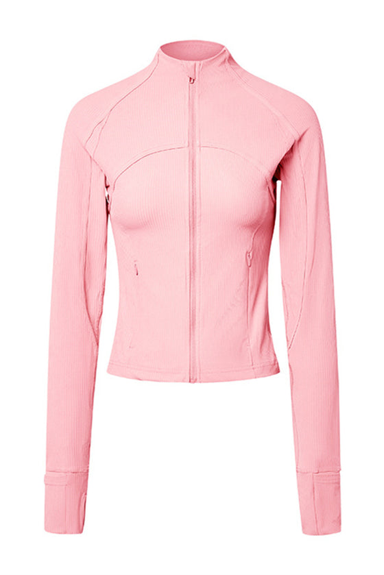 PACK264633-P10-1, Pink Ribbed Stitching Thumbhole Sleeve Zip Up Active Top