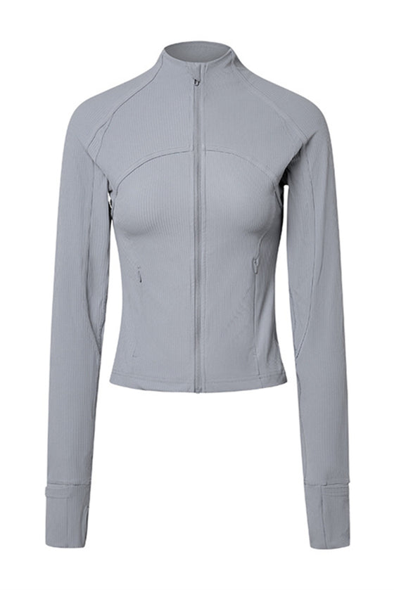 PACK264633-P11-1, Gray Ribbed Stitching Thumbhole Sleeve Zip Up Active Top