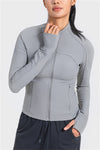 PACK264633-P11-1, Gray Ribbed Stitching Thumbhole Sleeve Zip Up Active Top