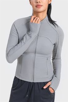  PACK264633-P11-1, Gray Ribbed Stitching Thumbhole Sleeve Zip Up Active Top