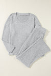 PACK625308-P1011-1, PACK625308-P1011-2, Light Grey Ribbed Knit V Neck Slouchy Two-piece Outfit