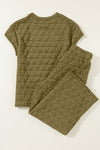 PACK625346-P909-1, Sage Green Quilted Short Sleeve Wide Leg Pants Set