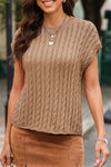 PACK2724323-P4016-2, Light French Beige Crew Neck Cable Knit Short Sleeve Sweater