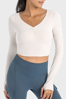  LC264641-P1-S, LC264641-P1-M, LC264641-P1-L, LC264641-P1-XL, White V Neck Long Sleeve Cropped Sports Top