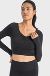 LC264641-P2-S, LC264641-P2-M, LC264641-P2-L, LC264641-P2-XL, Black V Neck Long Sleeve Cropped Sports Top