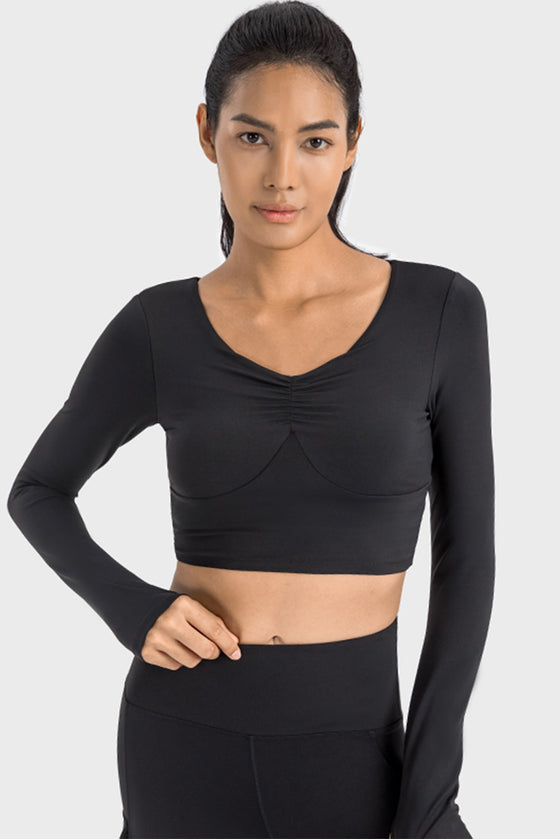 LC264641-P2-S, LC264641-P2-M, LC264641-P2-L, LC264641-P2-XL, Black V Neck Long Sleeve Cropped Sports Top