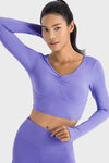 LC264641-P408-S, LC264641-P408-M, LC264641-P408-L, LC264641-P408-XL, Lilac V Neck Long Sleeve Cropped Sports Top