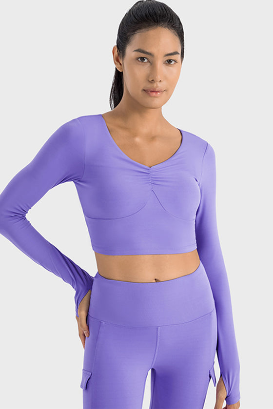 LC264641-P408-S, LC264641-P408-M, LC264641-P408-L, LC264641-P408-XL, Lilac V Neck Long Sleeve Cropped Sports Top