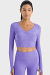 LC264641-P408-S, LC264641-P408-M, LC264641-P408-L, LC264641-P408-XL, Lilac V Neck Long Sleeve Cropped Sports Top