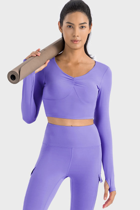 LC264641-P408-S, LC264641-P408-M, LC264641-P408-L, LC264641-P408-XL, Lilac V Neck Long Sleeve Cropped Sports Top