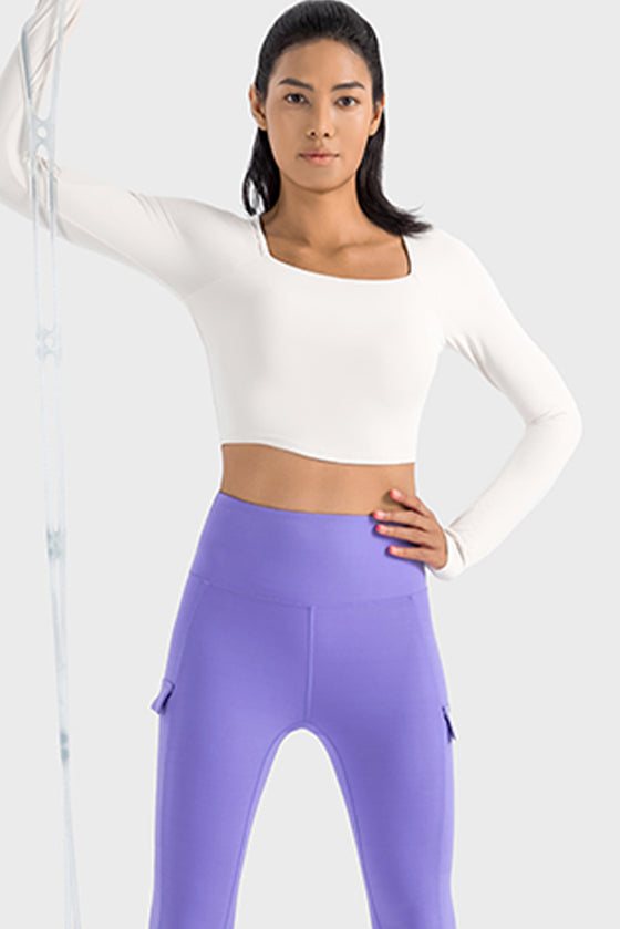 LC264640-P1-S, LC264640-P1-M, LC264640-P1-L, LC264640-P1-XL, White Square Neck Long Sleeve Active Top