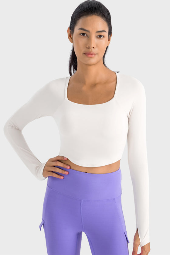 LC264640-P1-S, LC264640-P1-M, LC264640-P1-L, LC264640-P1-XL, White Square Neck Long Sleeve Active Top