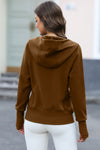 LC266021-P17-S, LC266021-P17-M, LC266021-P17-L, LC266021-P17-XL, Brown Thumbhole Sleeve Zip Up Sports Hooded Jacket