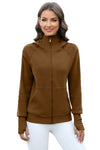 LC266021-P17-S, LC266021-P17-M, LC266021-P17-L, LC266021-P17-XL, Brown Thumbhole Sleeve Zip Up Sports Hooded Jacket