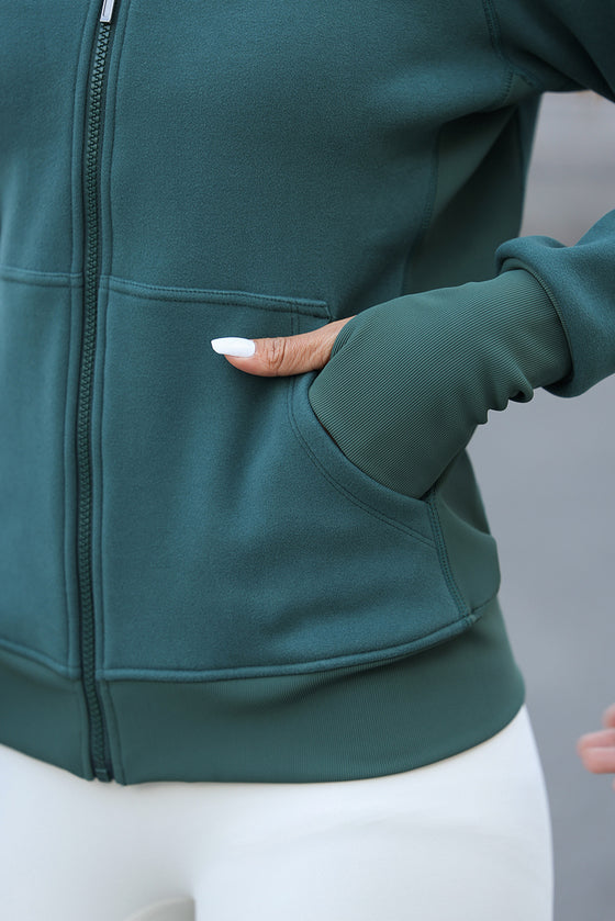 LC266021-P1709-S, LC266021-P1709-M, LC266021-P1709-L, LC266021-P1709-XL, Sea Green Thumbhole Sleeve Zip Up Sports Hooded Jacket