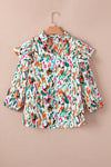 PACK25123718-22-1, Multicolor Abstract Print 3/4 Puff Sleeve Ruffle Blouse