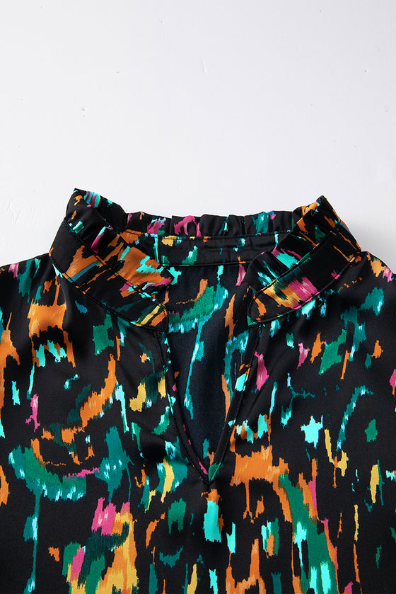 PACK25123718-P22-1, Multicolour Abstract Print 3/4 Puff Sleeve Ruffle Blouse