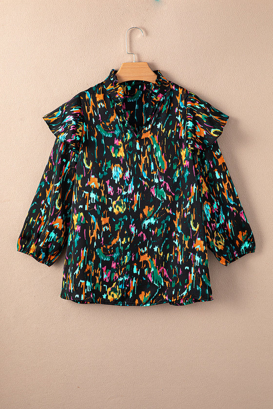 PACK25123718-P22-1, Multicolour Abstract Print 3/4 Puff Sleeve Ruffle Blouse