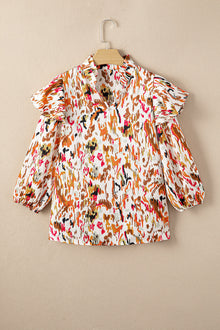  PACK25123718-P2022-1, Multicolour Abstract Print 3/4 Puff Sleeve Ruffle Blouse