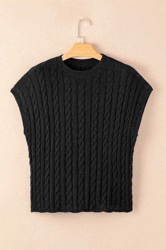 PACK2724323-P2-2, Black Crew Neck Cable Knit Short Sleeve Sweater