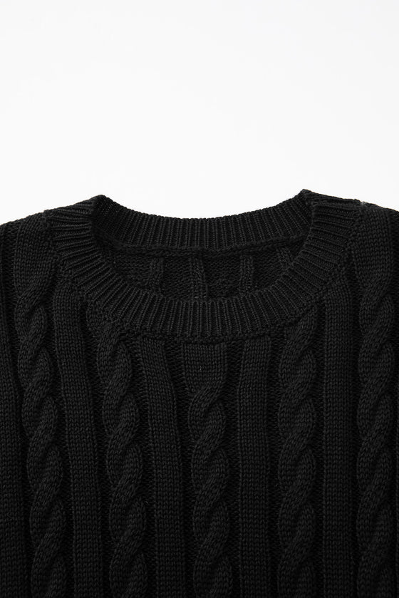 PACK2724323-P2-1, PACK2724323-P2-2, Black Crew Neck Cable Knit Short Sleeve Sweater