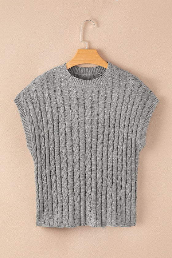 PACK2724323-P11-2, Gray Crew Neck Cable Knit Short Sleeve Sweater