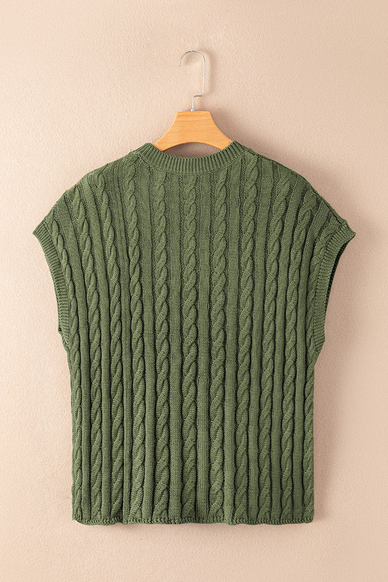 PACK2724323-P609-1, Jungle Green Crew Neck Cable Knit Short Sleeve Sweater