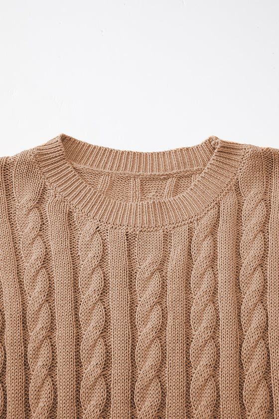 PACK2724323-P4016-1, PACK2724323-P4016-2, Light French Beige Crew Neck Cable Knit Short Sleeve Sweater