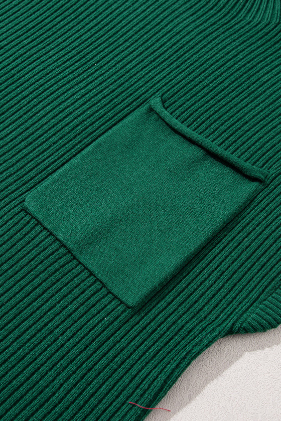 PACK2724250-P309-1, PACK2724250-P309-2, Blackish Green Patch Pocket Ribbed Knit Short Sleeve Sweater