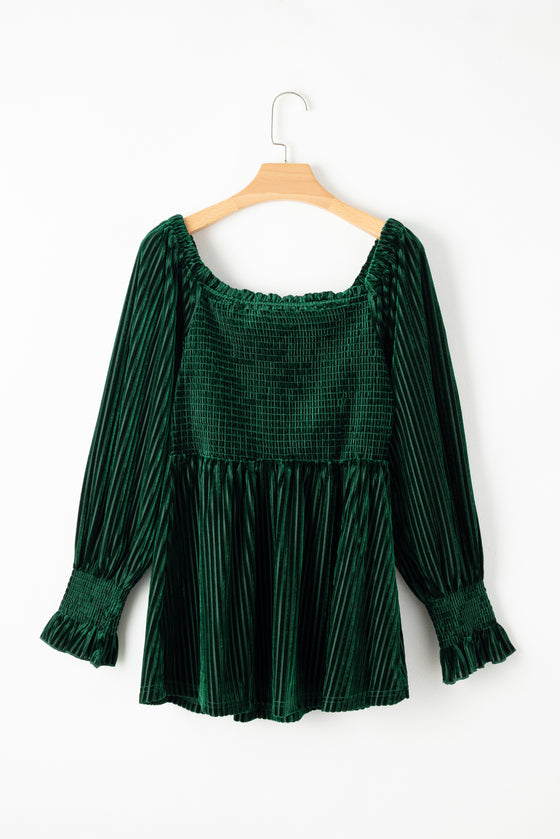 PACK25123661-P309-1, Blackish Green Smocked Ribbed Velvet Babydoll Top