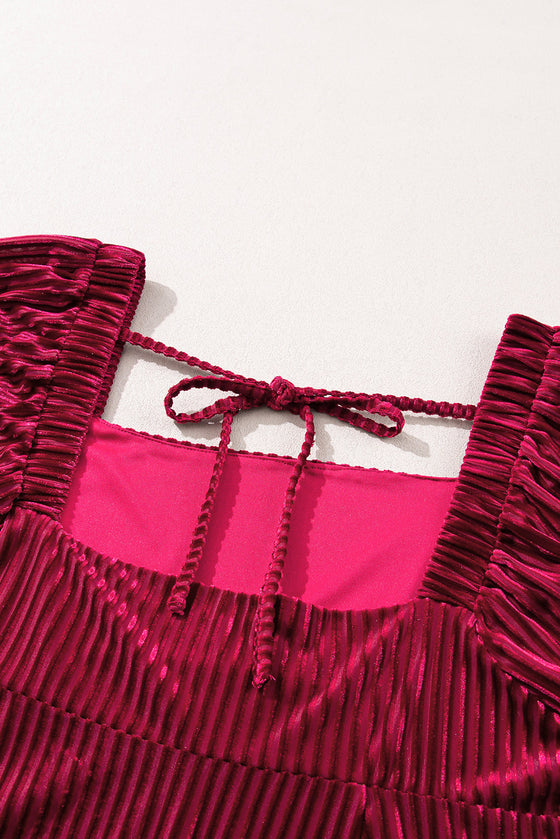PACK6117666-3-1, Red Tie Back Square Neck Velvet Babydoll Dress