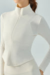 LC264644-P1-S, LC264644-P1-M, LC264644-P1-L, LC264644-P1-XL, White Stand Neck Zipped Slim Fit Long Sleeve Sports Top