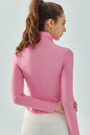 LC264644-P10-S, LC264644-P10-M, LC264644-P10-L, LC264644-P10-XL, Pink Stand Neck Zipped Slim Fit Long Sleeve Sports Top