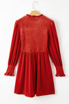 PACK6118065-P203-1, Red Clay Frilled Neck Smocked Bodice Velvet Dress