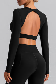  LC264646-P2-S, LC264646-P2-M, LC264646-P2-L, LC264646-P2-XL, Black Backless Long Sleeve Cropped Yoga Top