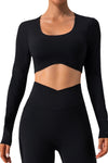 LC264646-P2-S, LC264646-P2-M, LC264646-P2-L, LC264646-P2-XL, Black Backless Long Sleeve Cropped Yoga Top