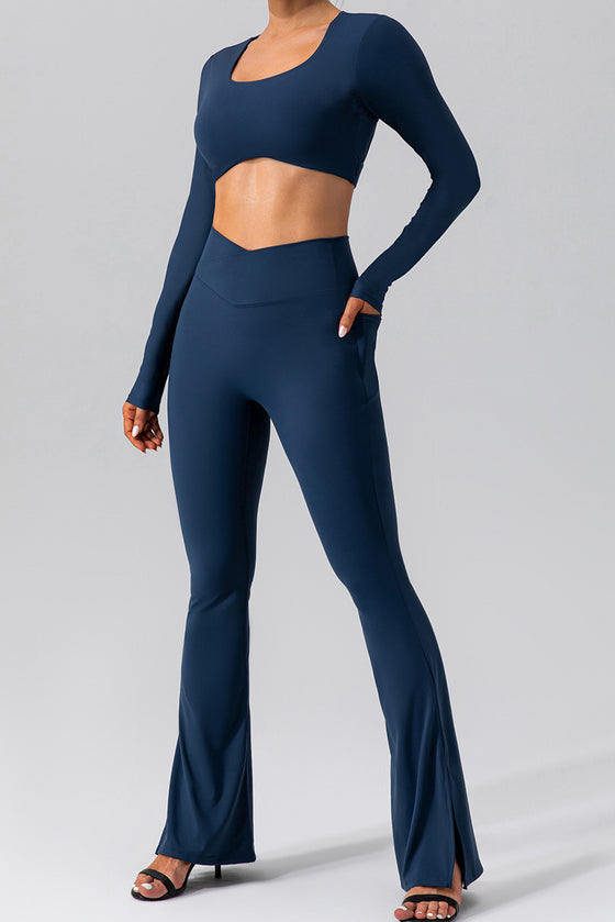 LC264646-P905-S, LC264646-P905-M, LC264646-P905-L, LC264646-P905-XL, Sail Blue Backless Long Sleeve Cropped Yoga Top