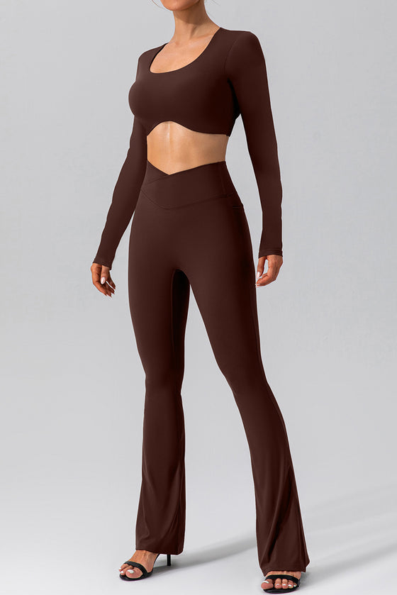 LC264646-P1017-S, LC264646-P1017-M, LC264646-P1017-L, LC264646-P1017-XL, Coffee Backless Long Sleeve Cropped Yoga Top
