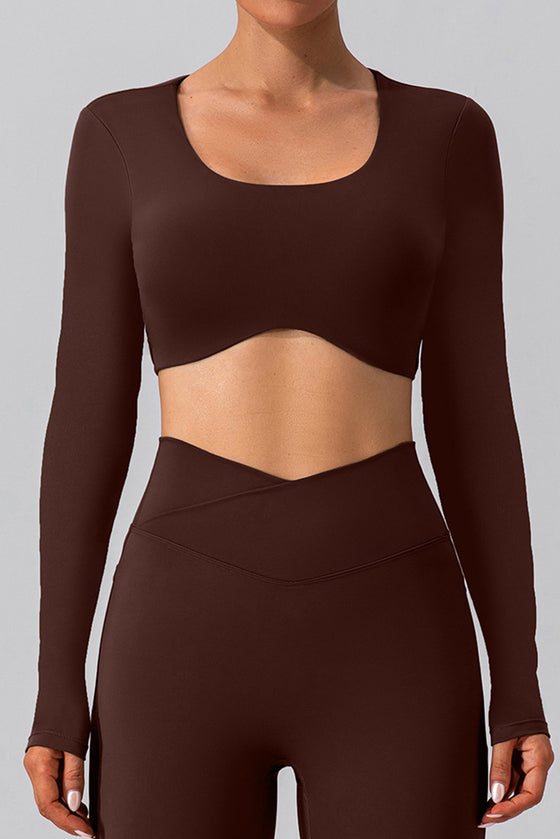 LC264646-P1017-S, LC264646-P1017-M, LC264646-P1017-L, LC264646-P1017-XL, Coffee Backless Long Sleeve Cropped Yoga Top