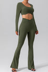 LC264646-P1609-S, LC264646-P1609-M, LC264646-P1609-L, LC264646-P1609-XL, Moss Green Backless Long Sleeve Cropped Yoga Top
