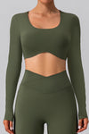 LC264646-P1609-S, LC264646-P1609-M, LC264646-P1609-L, LC264646-P1609-XL, Moss Green Backless Long Sleeve Cropped Yoga Top