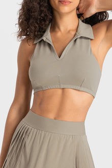  PACK264651-P5016-1, Pale Khaki Solid Color Turn Down Collar V Neck Sports Bra